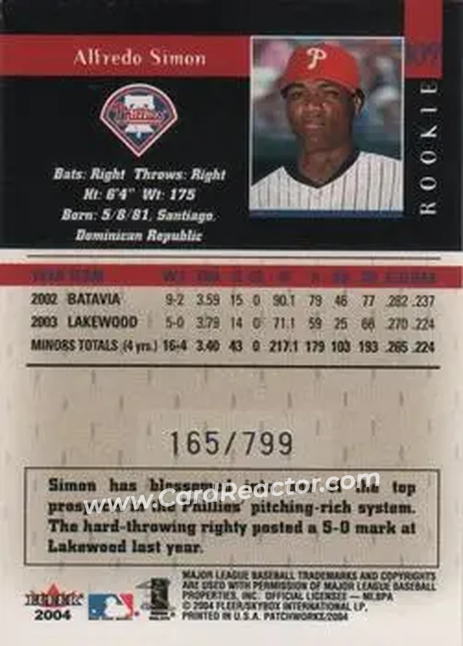 2004 Fleer Patchworks #109 - Alfredo Simon - Philadelphia Phillies - Back