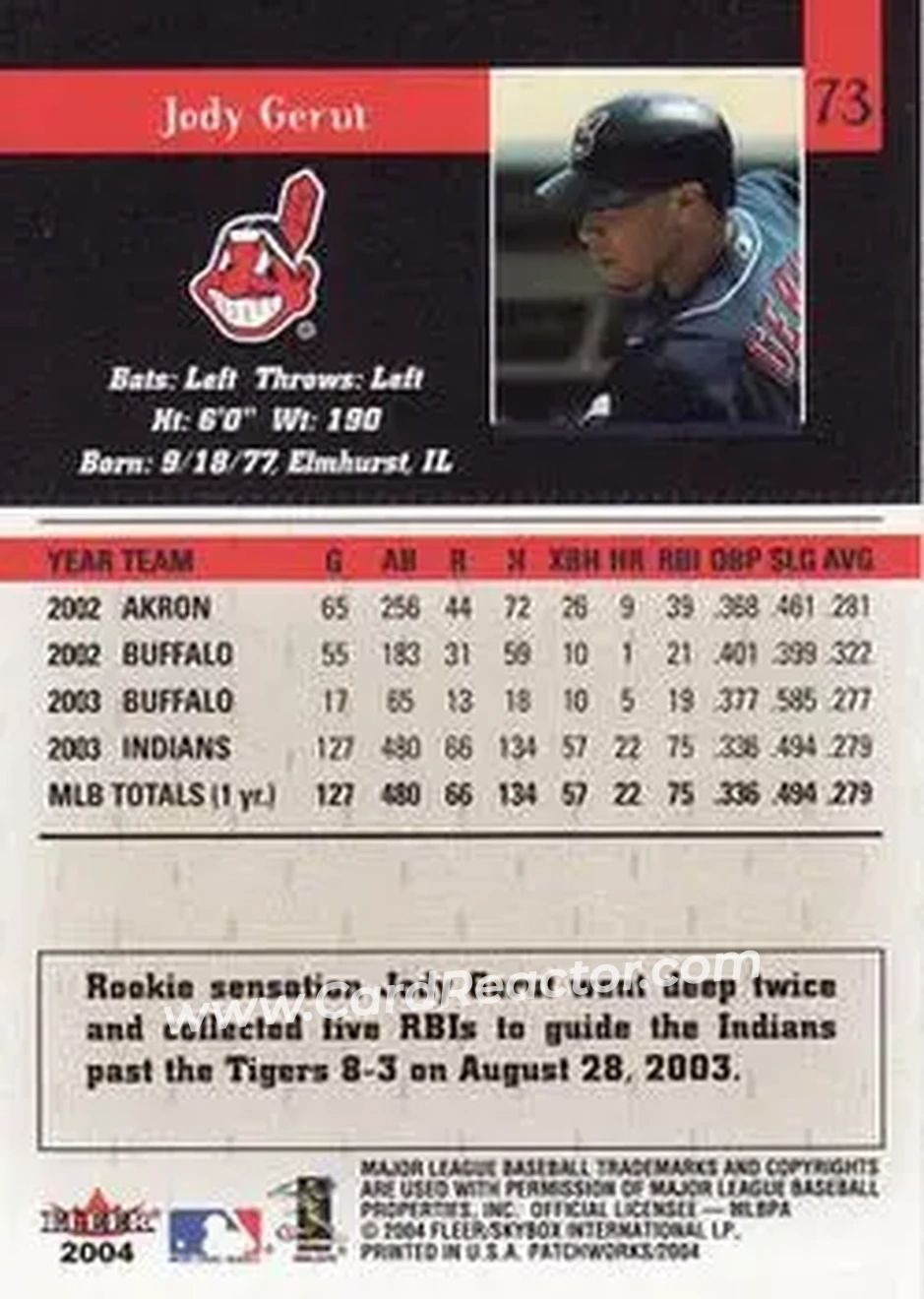 2004 Fleer Patchworks #73 - Jody Gerut - Cleveland Indians - Back 2004 Fleer Patchworks #73 - Jody Gerut - Cleveland Indians - Back
