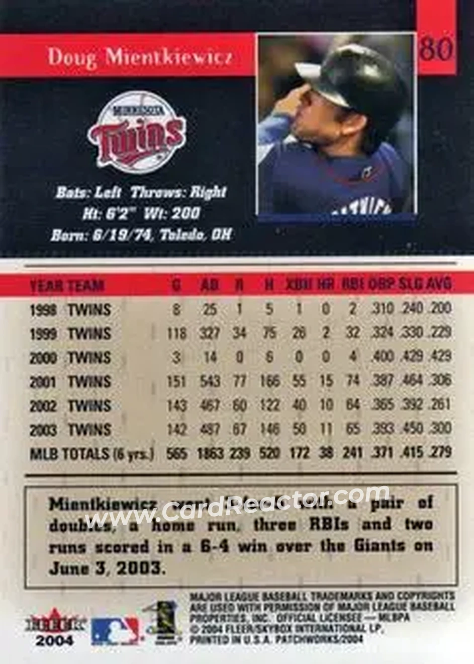 2004 Fleer Patchworks #80 - Doug Mientkiewicz - Minnesota Twins - Back