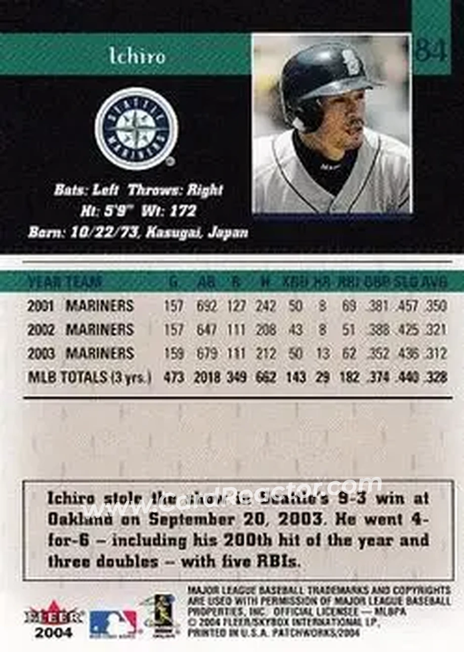 2004 Fleer Patchworks #84 - Ichiro - Seattle Mariners - Back 2004 Fleer Patchworks #84 - Ichiro - Seattle Mariners - Back