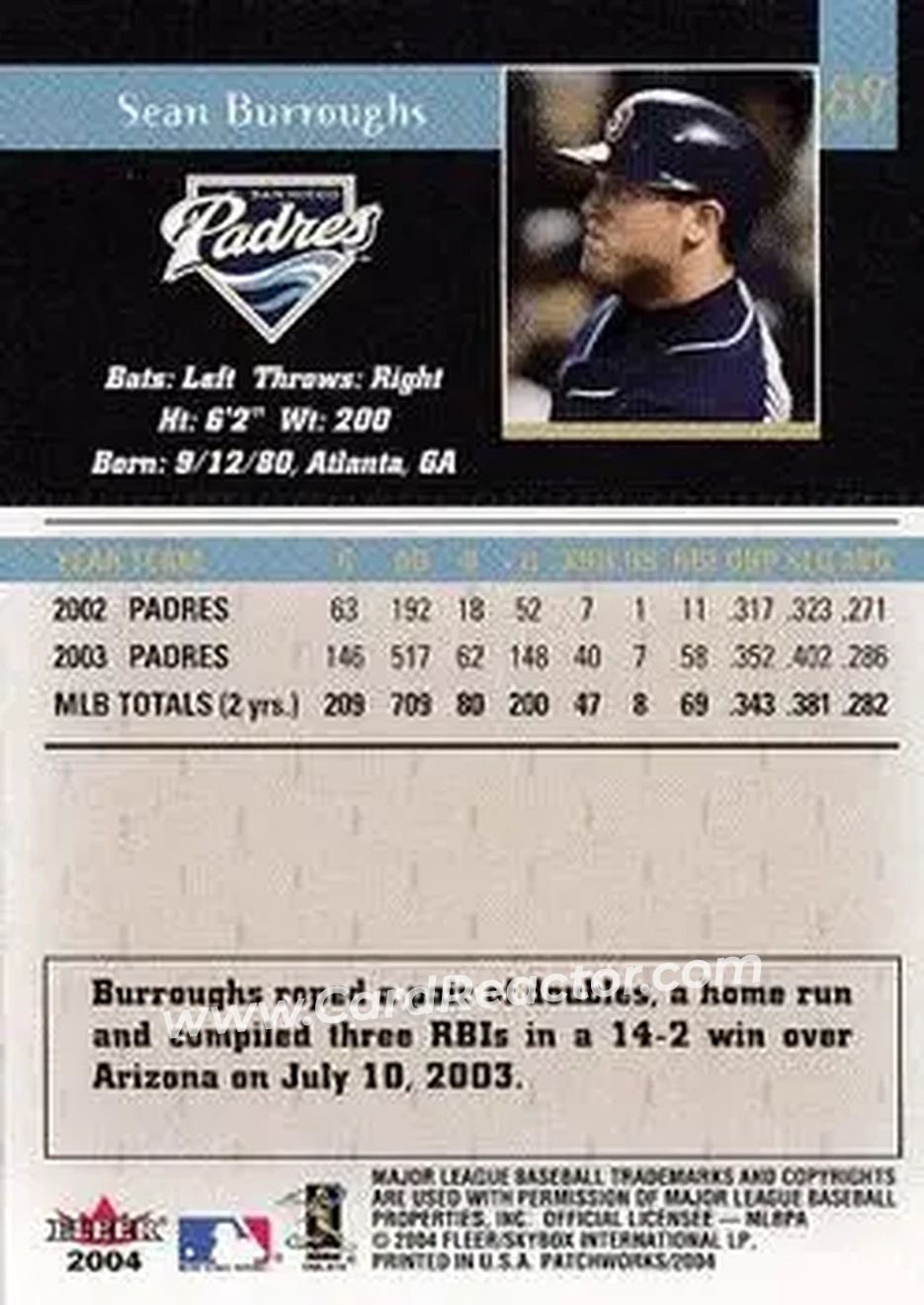 2004 Fleer Patchworks #89 - Sean Burroughs - San Diego Padres - Back