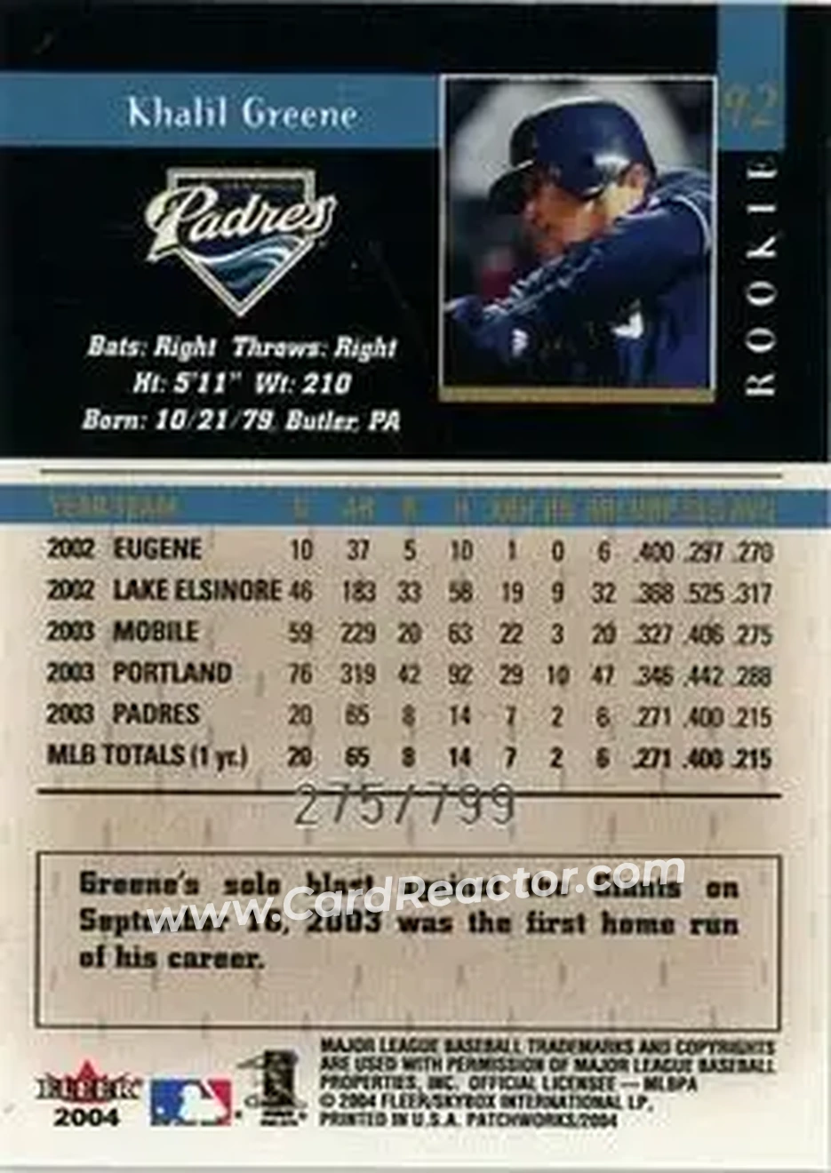 2004 Fleer Patchworks #92 - Khalil Greene - San Diego Padres - Back 2004 Fleer Patchworks #92 - Khalil Greene - San Diego Padres - Back