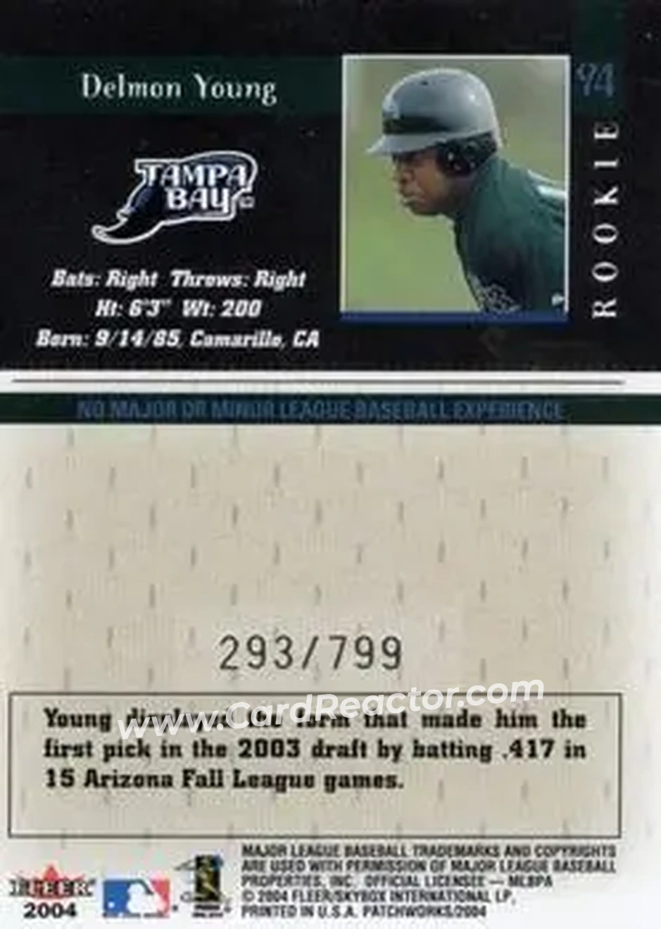 2004 Fleer Patchworks #94 - Delmon Young - Tampa Bay Devil Rays - Back 2004 Fleer Patchworks #94 - Delmon Young - Tampa Bay Devil Rays - Back
