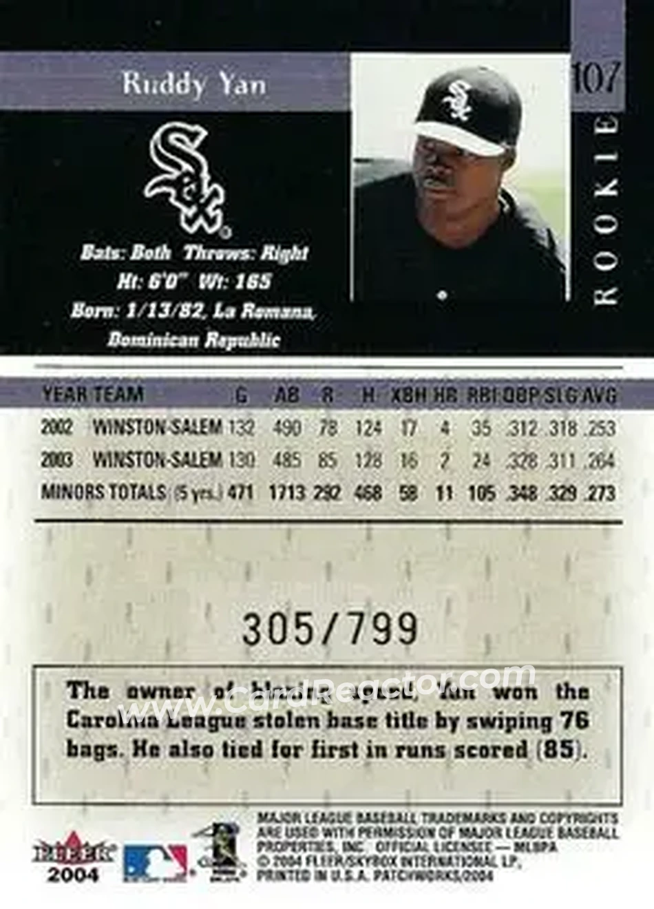 2004 Fleer Patchworks #107 - Ruddy Yan - Chicago White Sox - Back