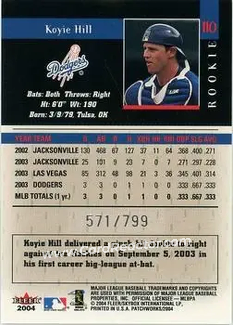 2004 Fleer Patchworks #110 - Koyie Hill - Los Angeles Dodgers - Back