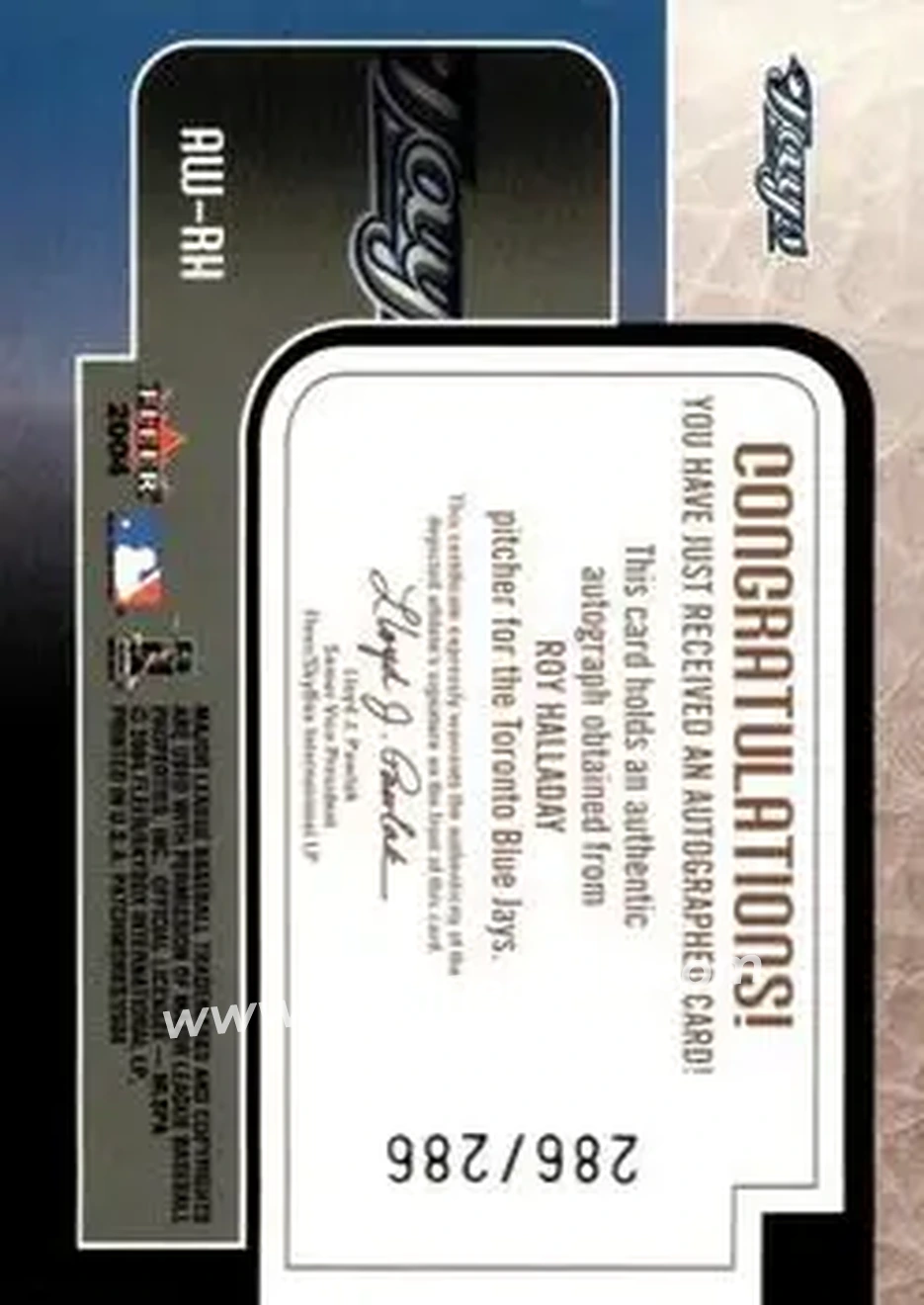 2004 Fleer Patchworks - Autoworks Black #AW-RH - Roy Halladay - Toronto Blue Jays - Back 2004 Fleer Patchworks - Autoworks Black #AW-RH - Roy Halladay - Toronto Blue Jays - Back