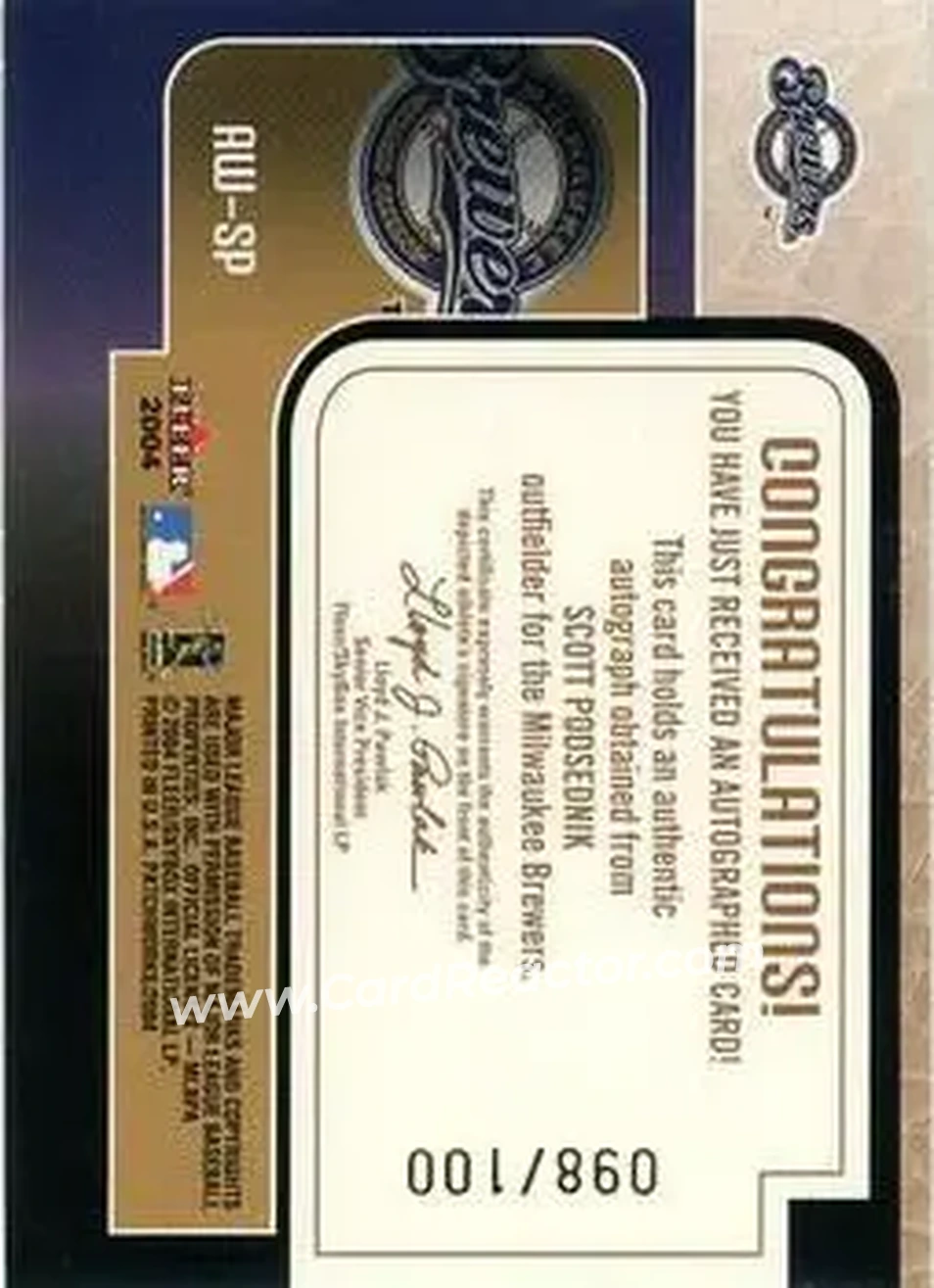 2004 Fleer Patchworks - Autoworks Blue #AW-SP - Scott Podsednik - Milwaukee Brewers - Back 2004 Fleer Patchworks - Autoworks Blue #AW-SP - Scott Podsednik - Milwaukee Brewers - Back
