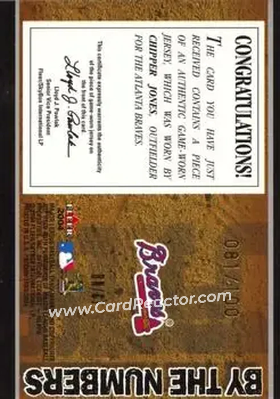 2004 Fleer Patchworks - By the Numbers Patch #BN/CJ - Chipper Jones - Atlanta Braves - Back