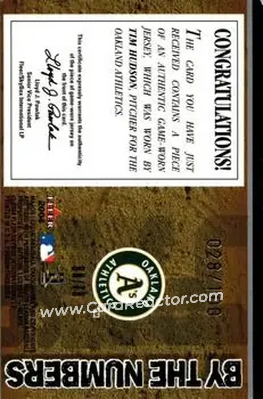 2004 Fleer Patchworks - By the Numbers Patch #BN/TH - Tim Hudson - Oakland Athletics - Back