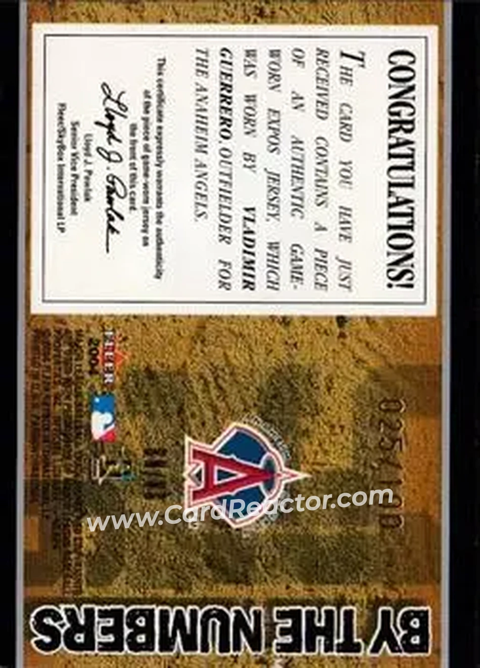 2004 Fleer Patchworks - By the Numbers Patch #BN/VG - Vladimir Guerrero - Anaheim Angels - Back