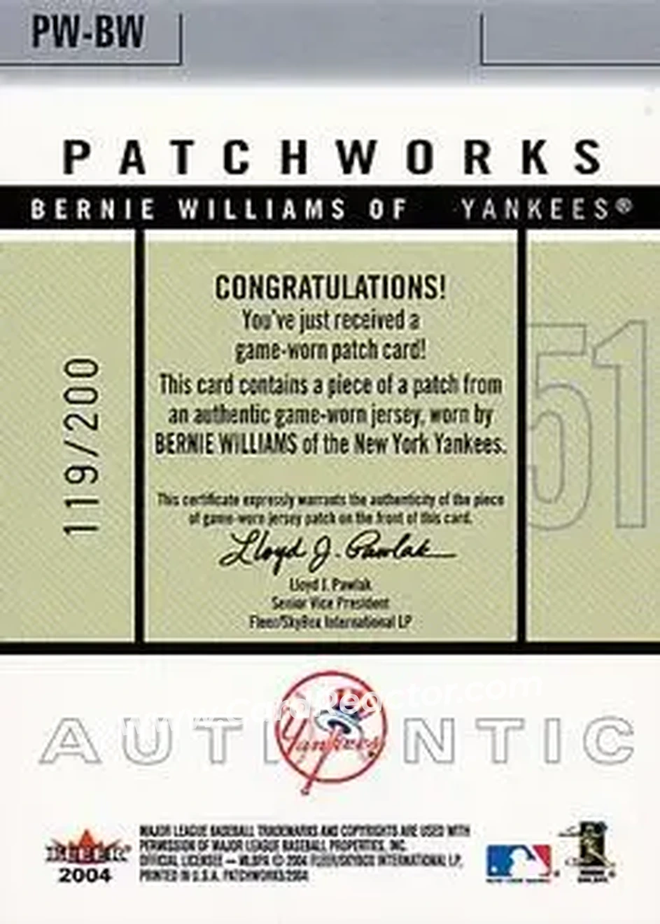 2004 Fleer Patchworks - Game Used Level 1 #PW-BW - Bernie Williams - New York Yankees - Back