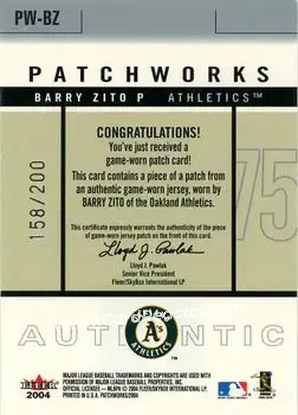 2004 Fleer Patchworks - Game Used Level 1 #PW-BZ - Barry Zito - Oakland Athletics - Back