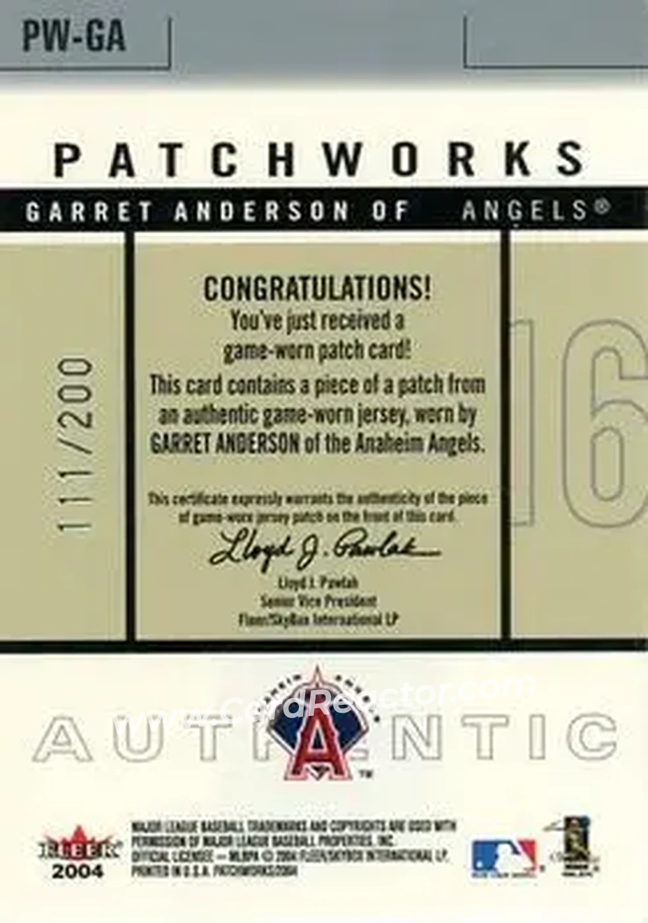 2004 Fleer Patchworks - Game Used Level 1 #PW-GA - Garret Anderson - Anaheim Angels - Back 2004 Fleer Patchworks - Game Used Level 1 #PW-GA - Garret Anderson - Anaheim Angels - Back
