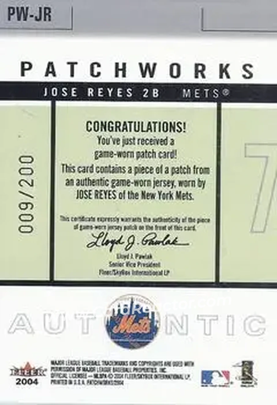 2004 Fleer Patchworks - Game Used Level 1 #PW-JR - Jose Reyes - New York Mets - Back 2004 Fleer Patchworks - Game Used Level 1 #PW-JR - Jose Reyes - New York Mets - Back