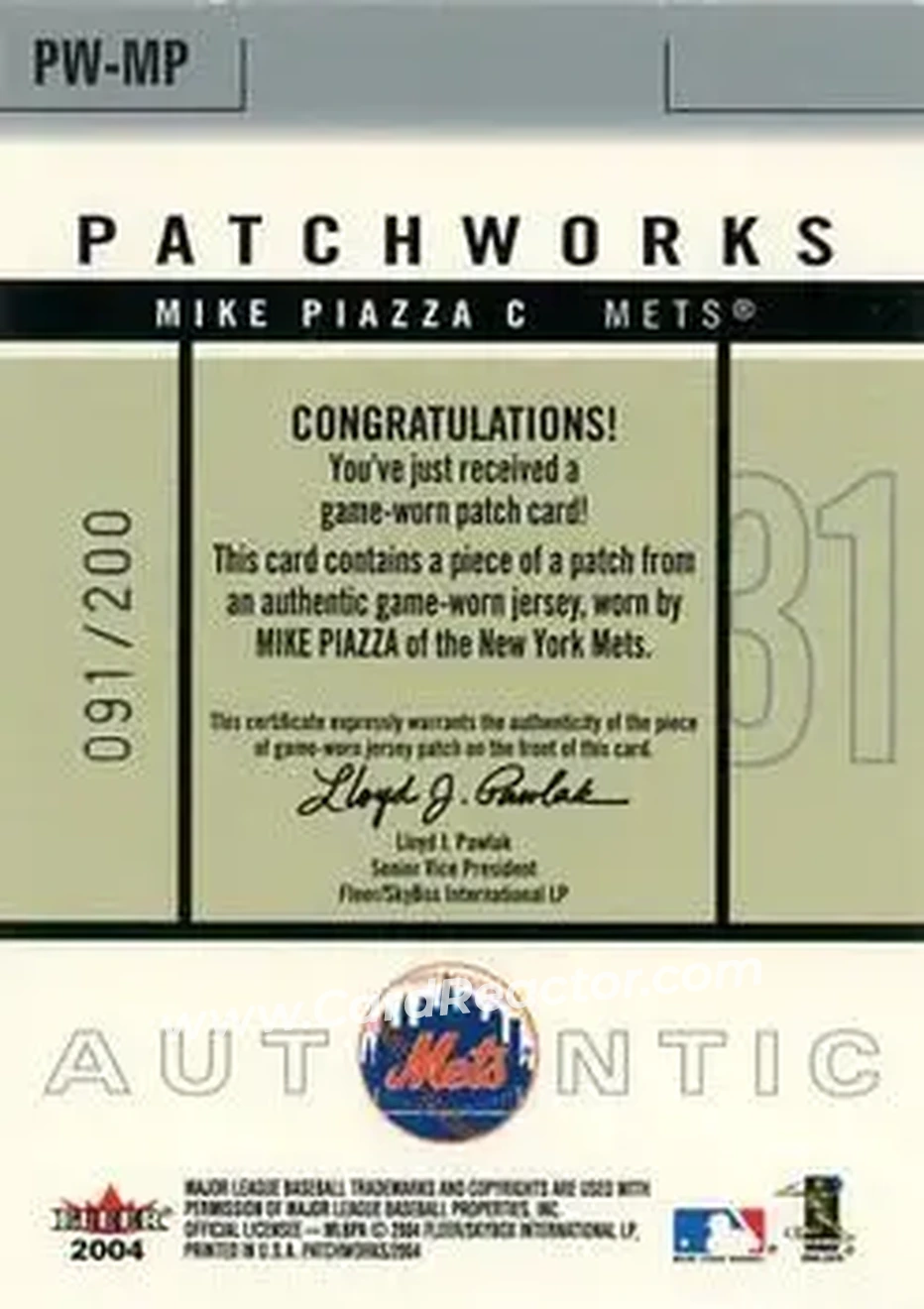 2004 Fleer Patchworks - Game Used Level 1 #PW-MP1 - Mike Piazza - New York Mets - Back 2004 Fleer Patchworks - Game Used Level 1 #PW-MP1 - Mike Piazza - New York Mets - Back