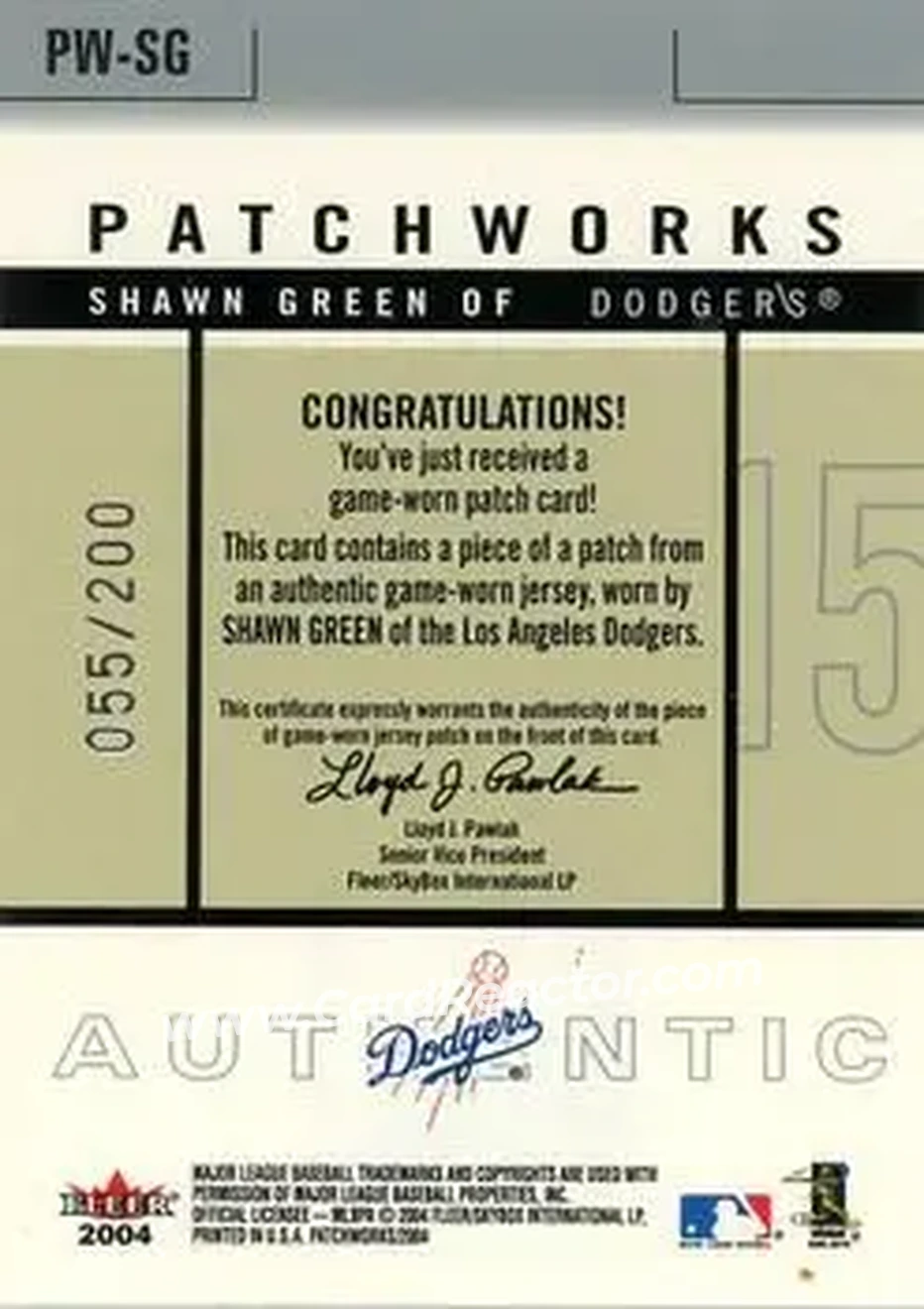 2004 Fleer Patchworks - Game Used Level 1 #PW-SG - Shawn Green - Los Angeles Dodgers - Back