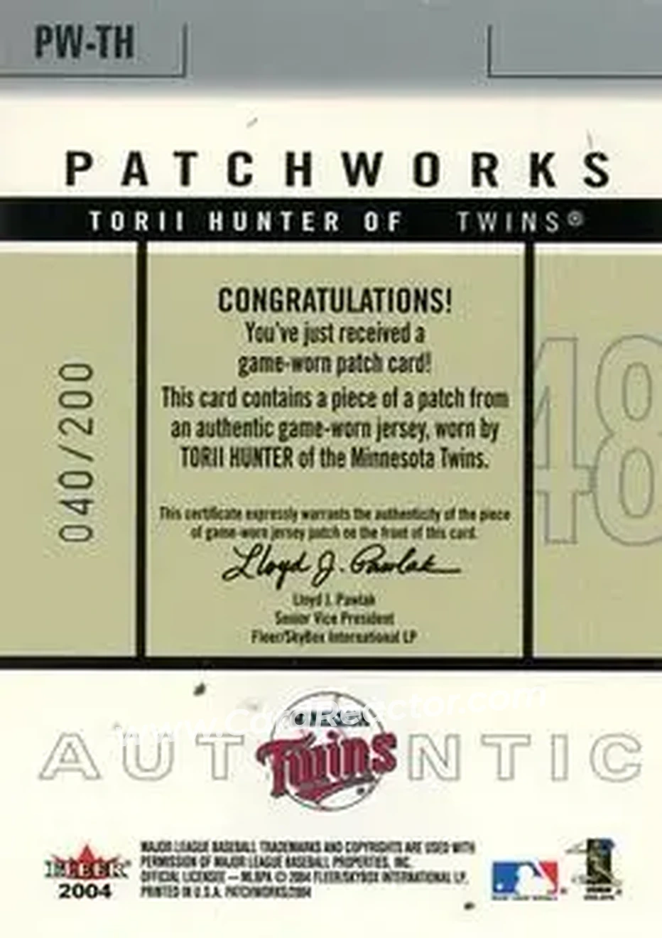 2004 Fleer Patchworks - Game Used Level 1 #PW-TH - Torii Hunter - Minnesota Twins - Back 2004 Fleer Patchworks - Game Used Level 1 #PW-TH - Torii Hunter - Minnesota Twins - Back