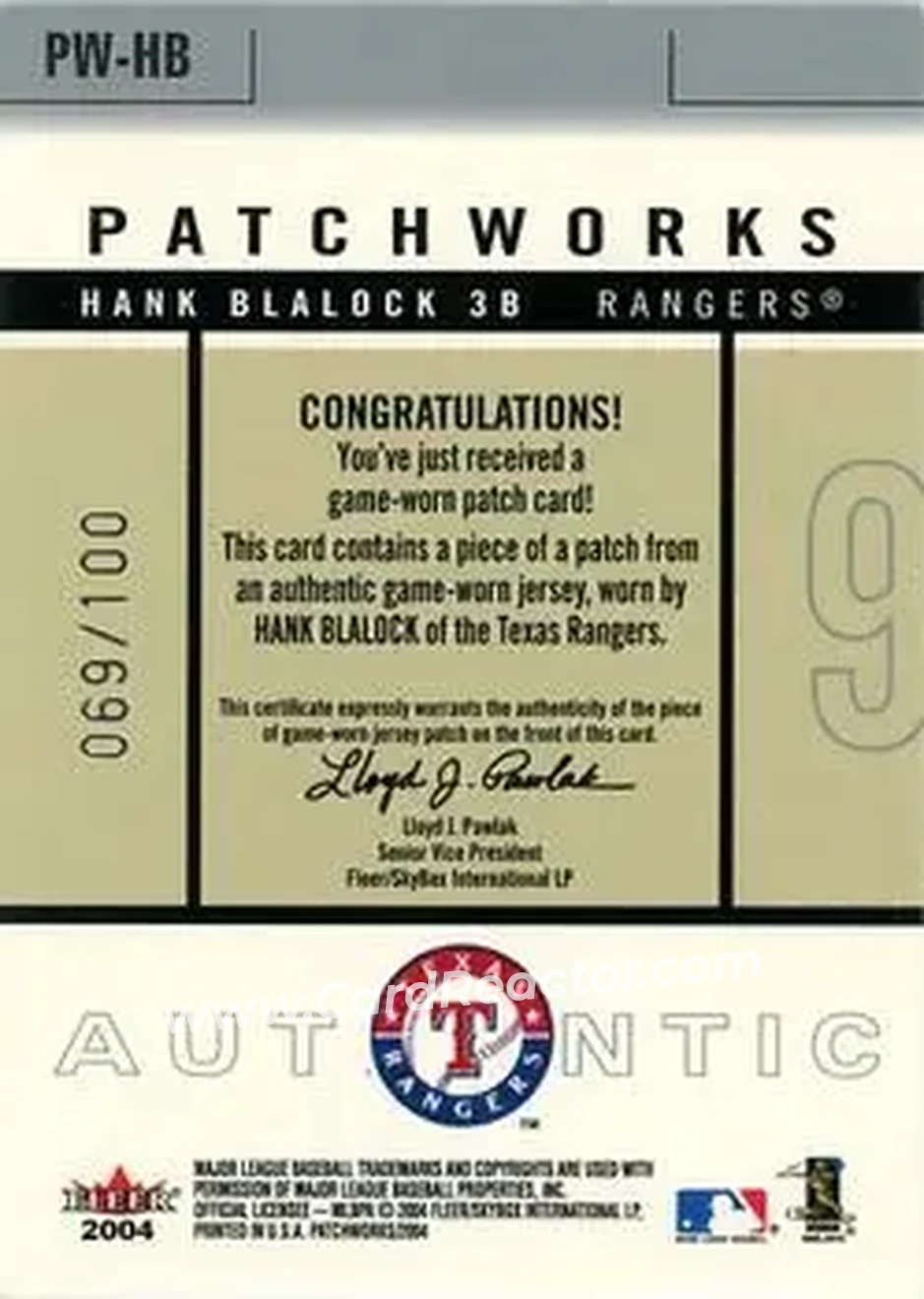 2004 Fleer Patchworks - Game Used Level 2 #PW-HB - Hank Blalock - Texas Rangers - Back 2004 Fleer Patchworks - Game Used Level 2 #PW-HB - Hank Blalock - Texas Rangers - Back