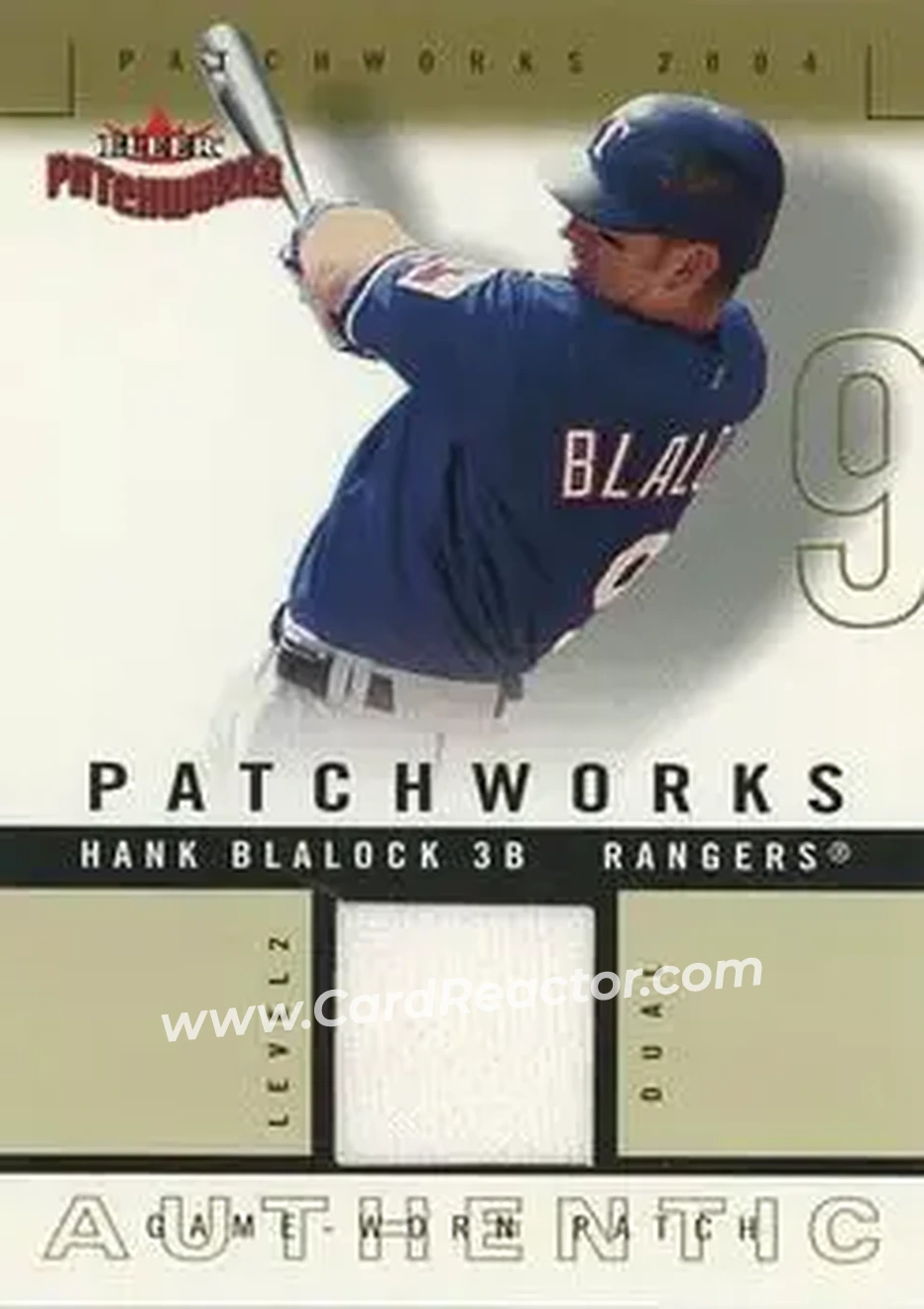 2004 Fleer Patchworks - Game Used Level 2 #PW-HB - Hank Blalock - Texas Rangers - Front 2004 Fleer Patchworks - Game Used Level 2 #PW-HB - Hank Blalock - Texas Rangers - Front