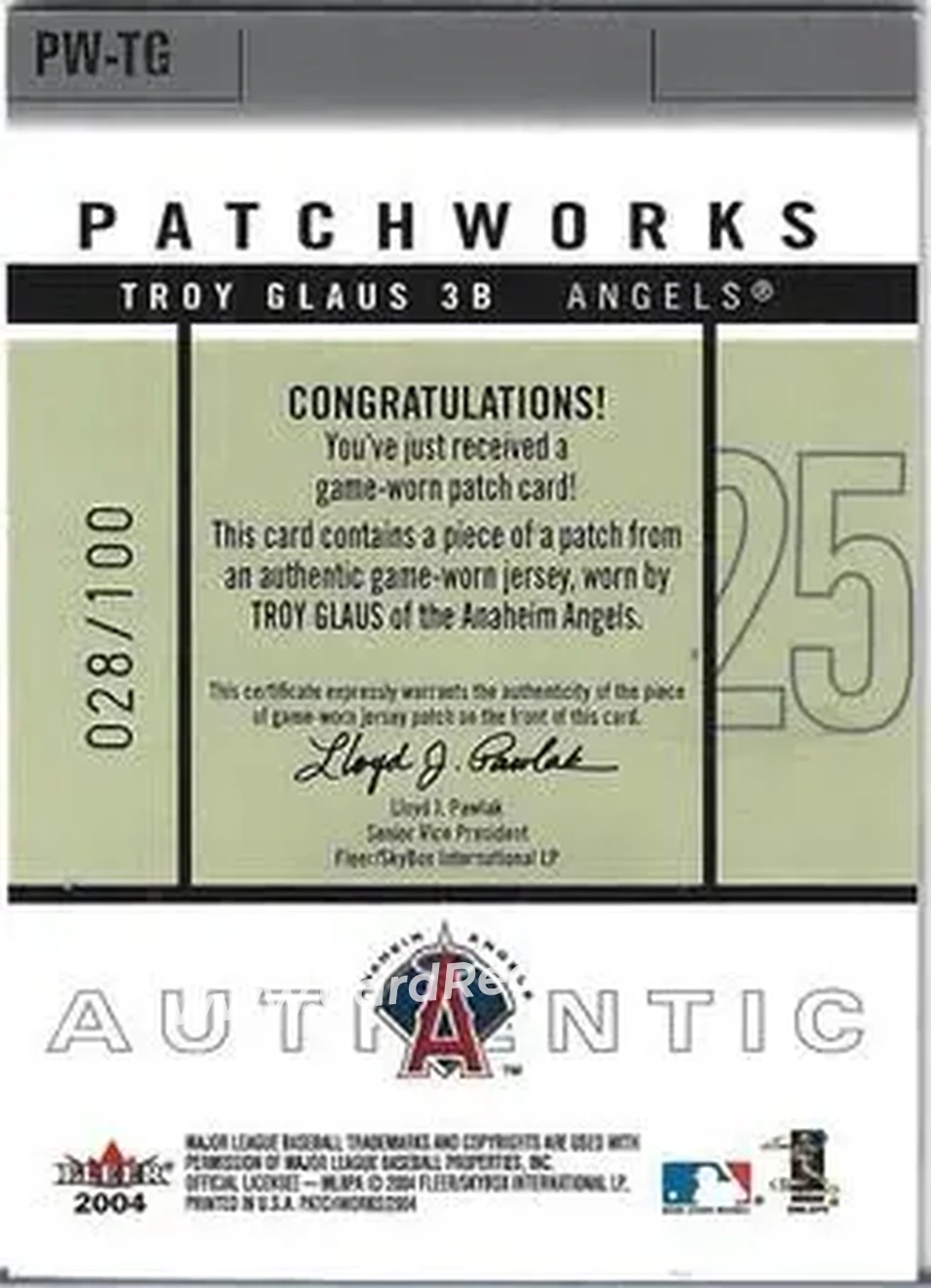 2004 Fleer Patchworks - Game Used Level 2 #PW-TG - Troy Glaus - Anaheim Angels - Back 2004 Fleer Patchworks - Game Used Level 2 #PW-TG - Troy Glaus - Anaheim Angels - Back