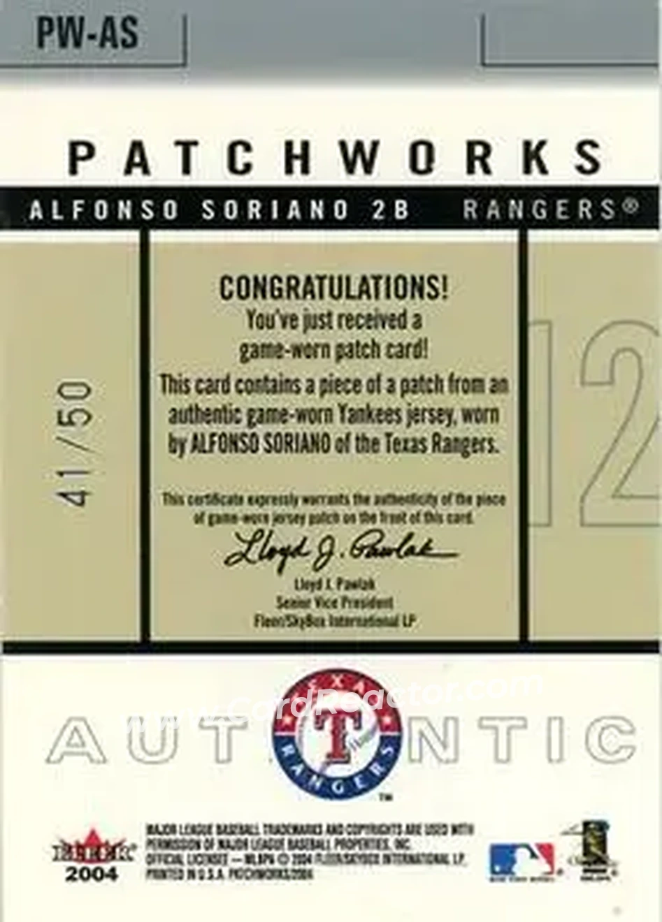 2004 Fleer Patchworks - Game Used Patch #PW-AS - Alfonso Soriano - Texas Rangers - Back 2004 Fleer Patchworks - Game Used Patch #PW-AS - Alfonso Soriano - Texas Rangers - Back