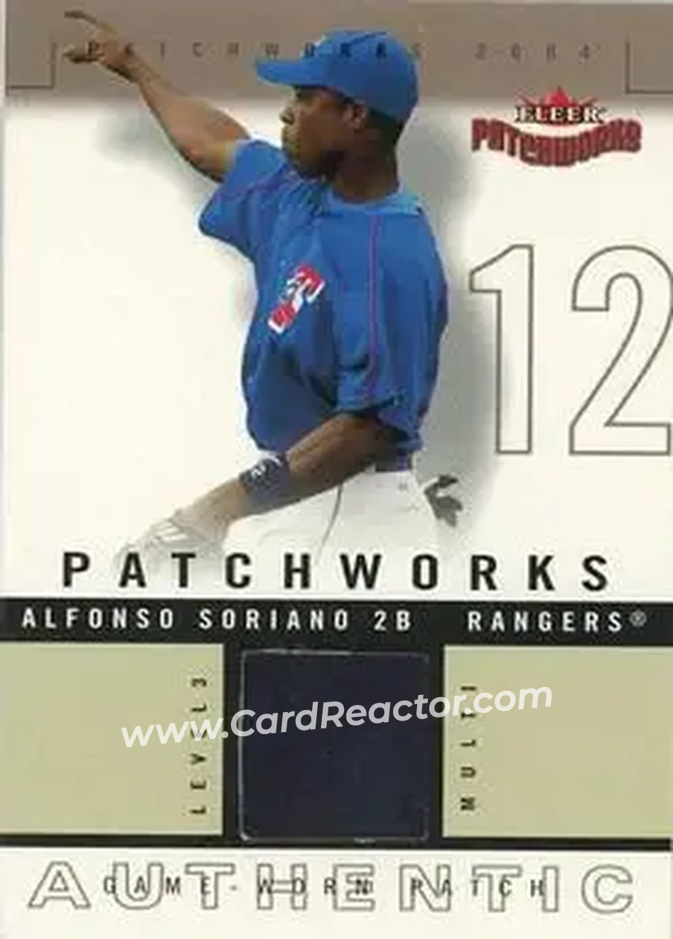 2004 Fleer Patchworks - Game Used Patch #PW-AS - Alfonso Soriano - Texas Rangers - Front 2004 Fleer Patchworks - Game Used Patch #PW-AS - Alfonso Soriano - Texas Rangers - Front