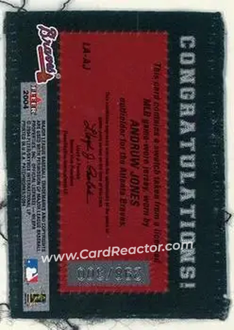 2004 Fleer Patchworks - Licensed Apparel #LA-AJ - Andruw Jones - Atlanta Braves - Back 2004 Fleer Patchworks - Licensed Apparel #LA-AJ - Andruw Jones - Atlanta Braves - Back
