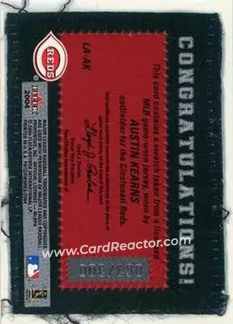 2004 Fleer Patchworks - Licensed Apparel #LA-AK - Austin Kearns - Cincinnati Reds - Back 2004 Fleer Patchworks - Licensed Apparel #LA-AK - Austin Kearns - Cincinnati Reds - Back