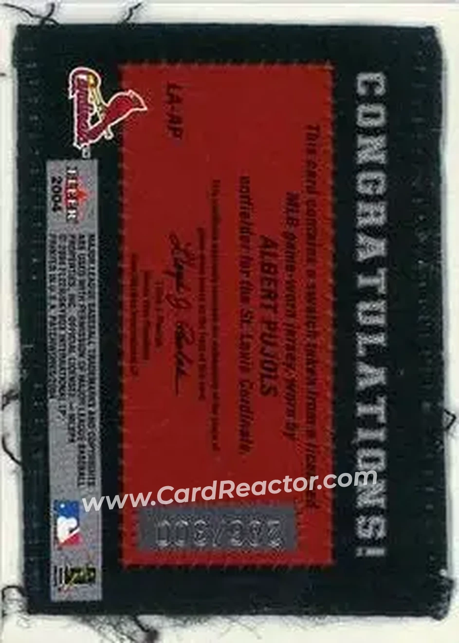 2004 Fleer Patchworks - Licensed Apparel #LA-AP - Albert Pujols - St. Louis Cardinals - Back