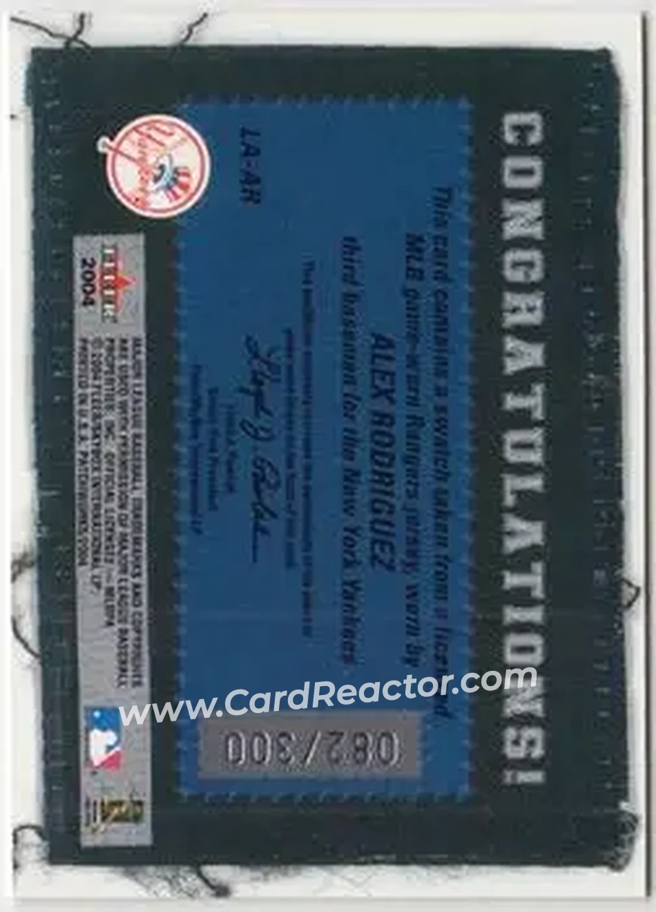 2004 Fleer Patchworks - Licensed Apparel #LA-AR - Alex Rodriguez - New York Yankees - Back
