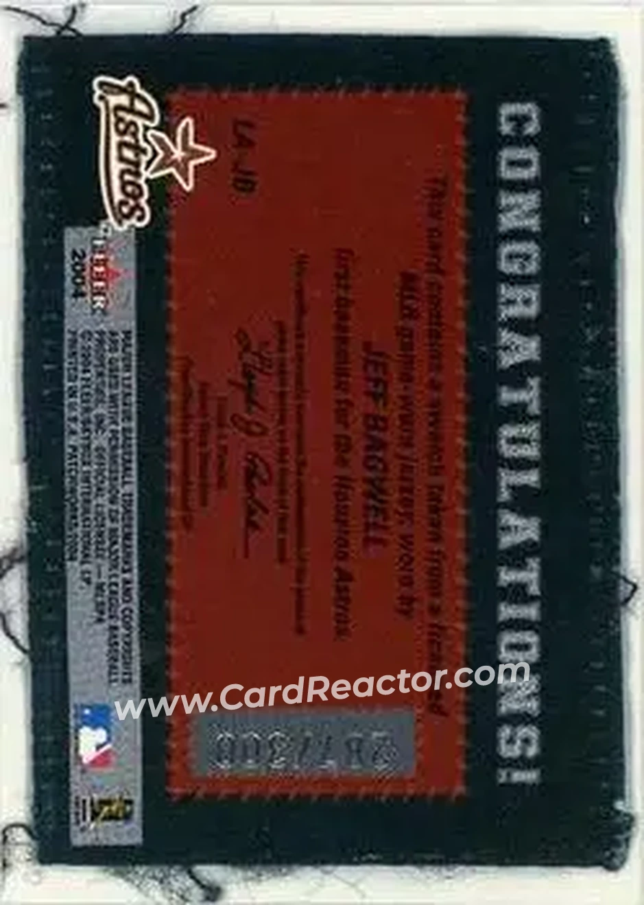 2004 Fleer Patchworks - Licensed Apparel #LA-JB - Jeff Bagwell - Houston Astros - Back 2004 Fleer Patchworks - Licensed Apparel #LA-JB - Jeff Bagwell - Houston Astros - Back