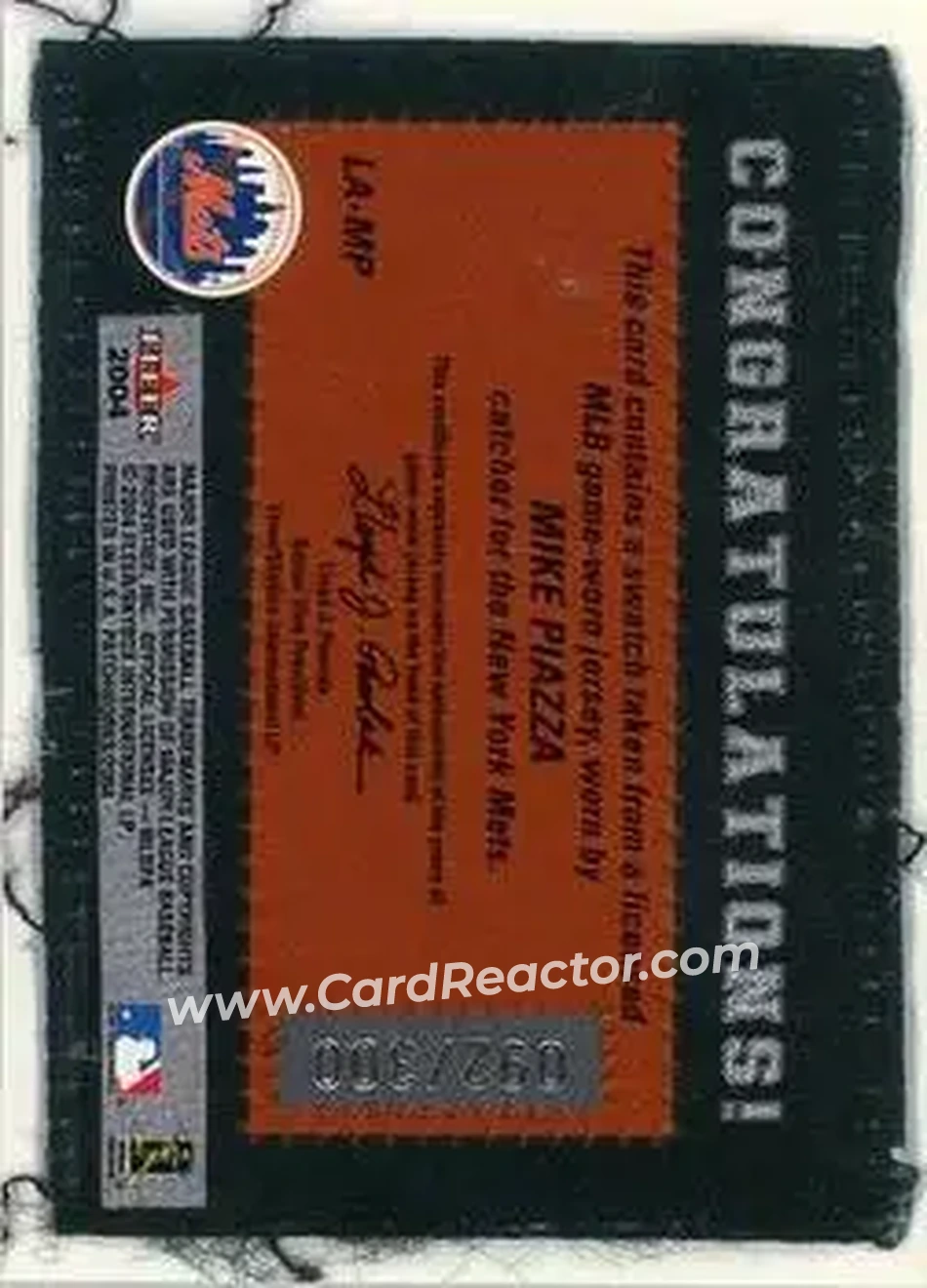 2004 Fleer Patchworks - Licensed Apparel #LA-MP1 - Mike Piazza - New York Mets - Back