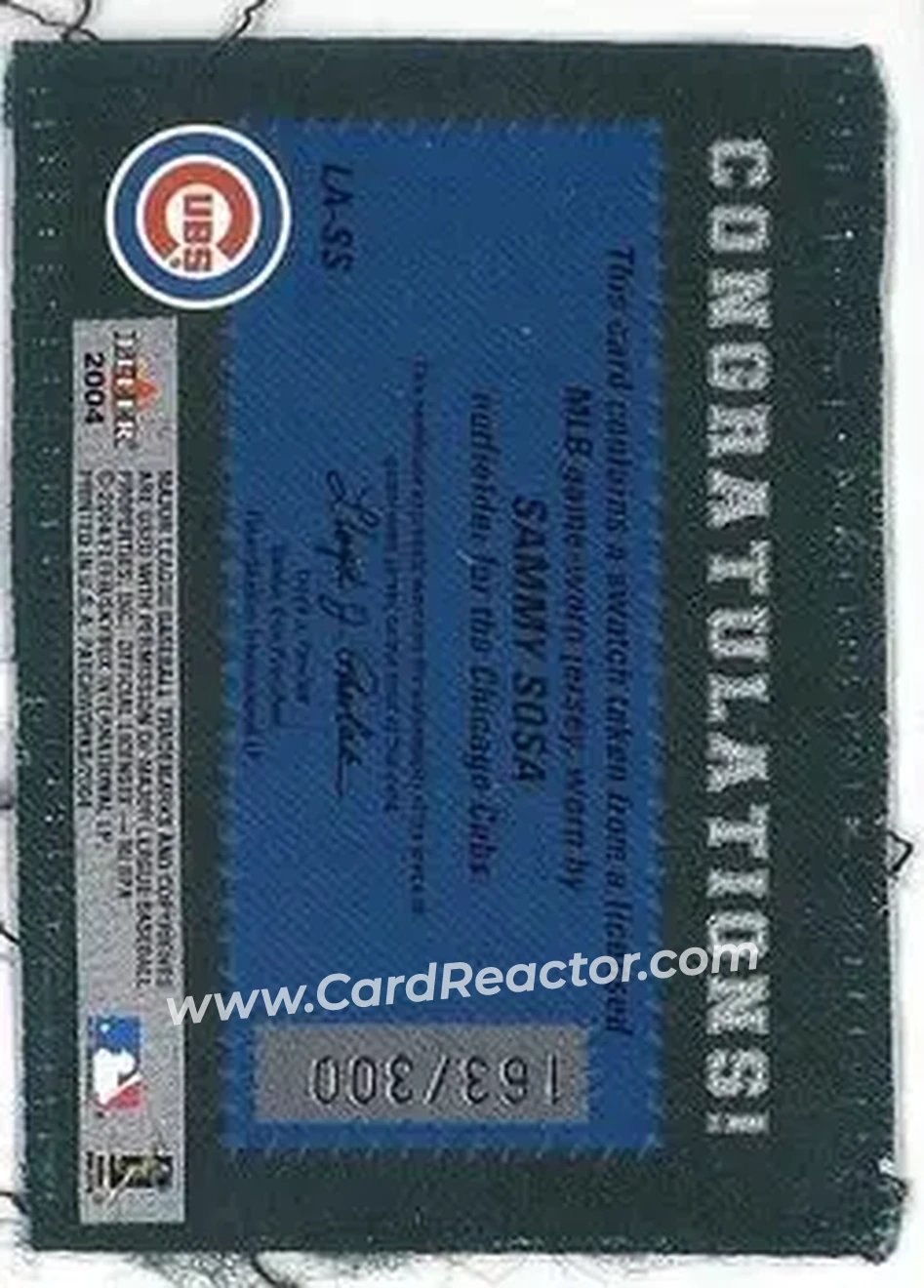 2004 Fleer Patchworks - Licensed Apparel #LA-SS - Sammy Sosa - Chicago Cubs - Back 2004 Fleer Patchworks - Licensed Apparel #LA-SS - Sammy Sosa - Chicago Cubs - Back