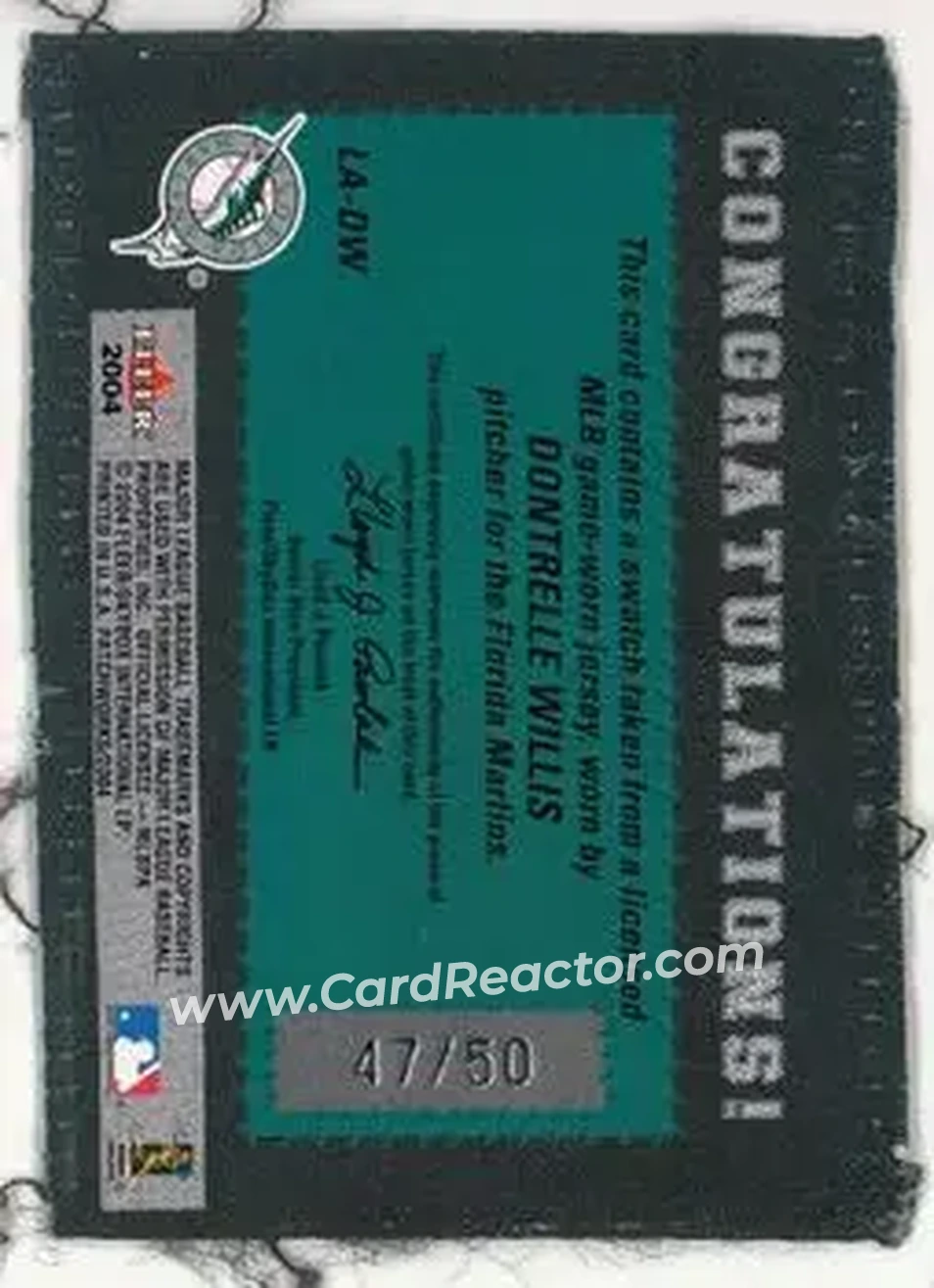 2004 Fleer Patchworks - Licensed Apparel Nameplate #LA-DW - Dontrelle Willis - Florida Marlins - Back