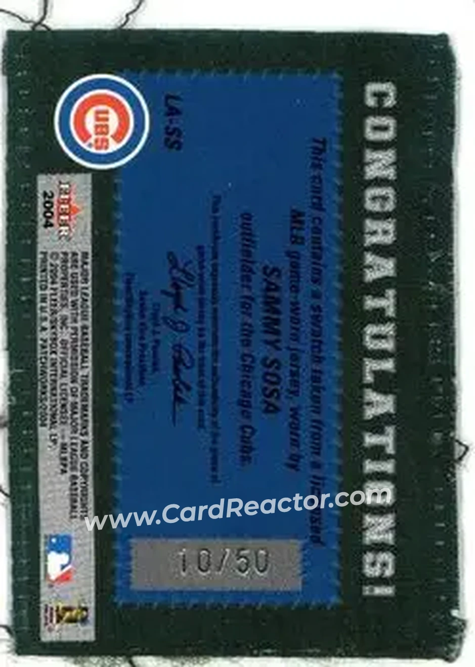 2004 Fleer Patchworks - Licensed Apparel Nameplate #LA-SS - Sammy Sosa - Chicago Cubs - Back 2004 Fleer Patchworks - Licensed Apparel Nameplate #LA-SS - Sammy Sosa - Chicago Cubs - Back