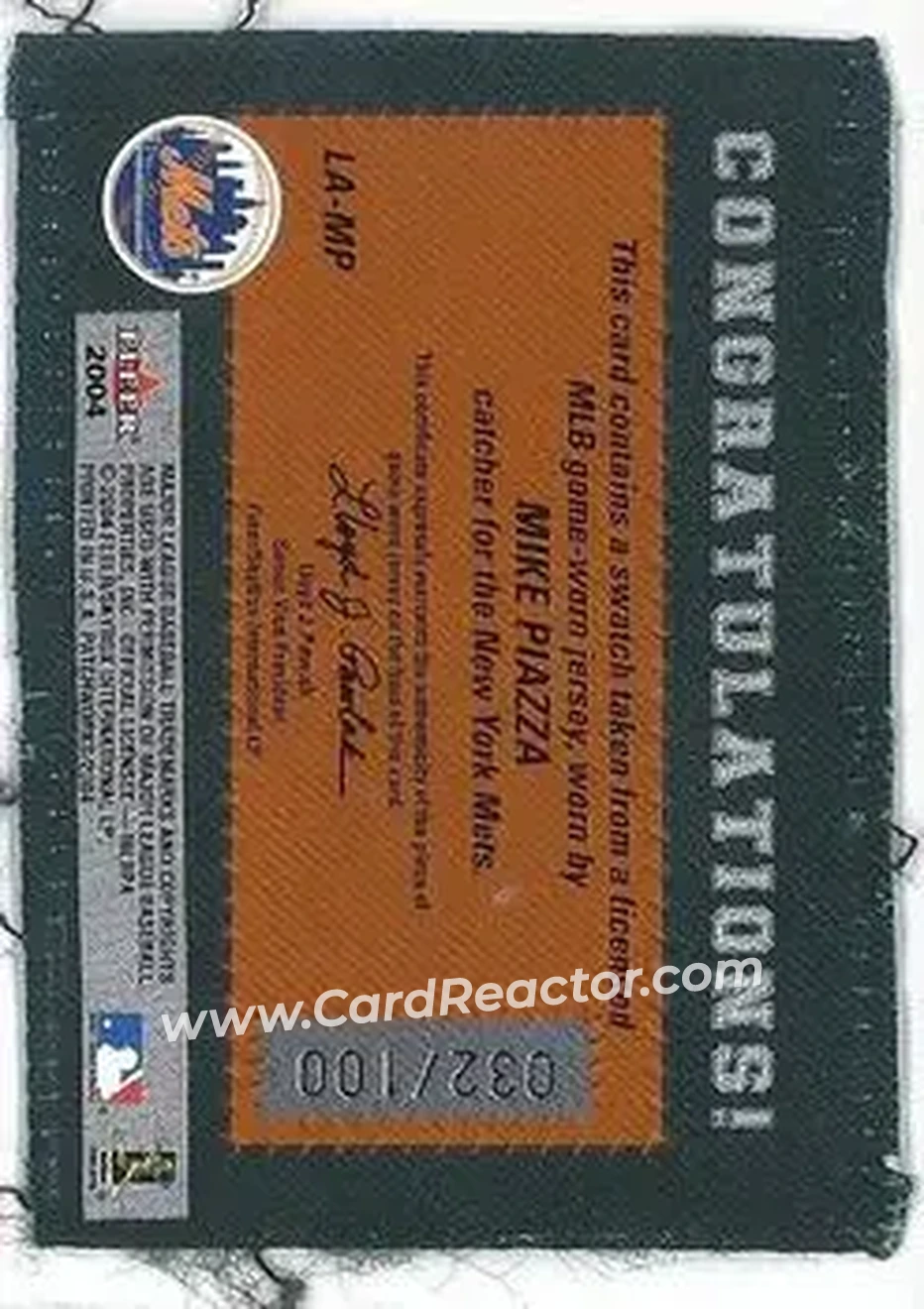 2004 Fleer Patchworks - Licensed Apparel Number #LA-MP1 - Mike Piazza - New York Mets - Back 2004 Fleer Patchworks - Licensed Apparel Number #LA-MP1 - Mike Piazza - New York Mets - Back