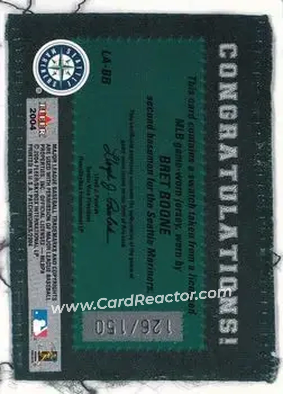 2004 Fleer Patchworks - Licensed Apparel Team Name #LA-BB - Bret Boone - Seattle Mariners - Back 2004 Fleer Patchworks - Licensed Apparel Team Name #LA-BB - Bret Boone - Seattle Mariners - Back