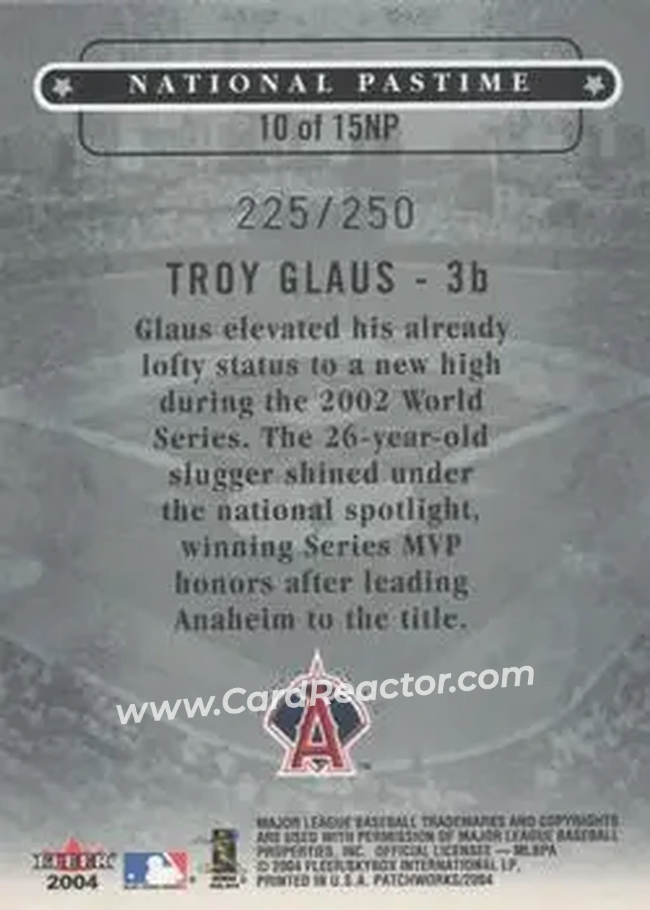 2004 Fleer Patchworks - National Pastime #10NP - Troy Glaus - Anaheim Angels - Back 2004 Fleer Patchworks - National Pastime #10NP - Troy Glaus - Anaheim Angels - Back