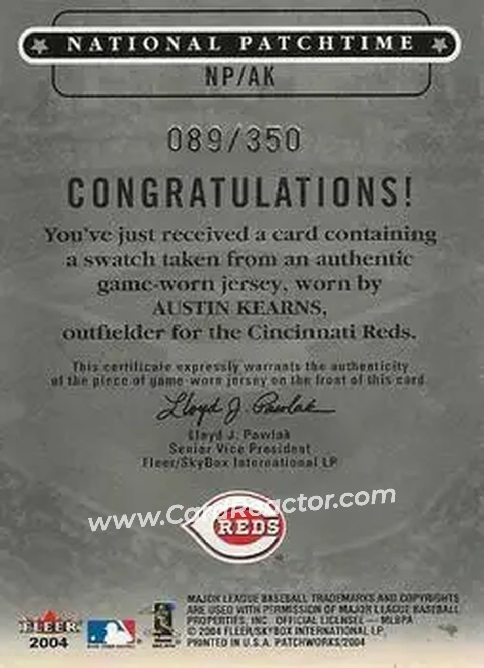 2004 Fleer Patchworks - National Patchtime #NP/AK - Austin Kearns - Cincinnati Reds - Back
