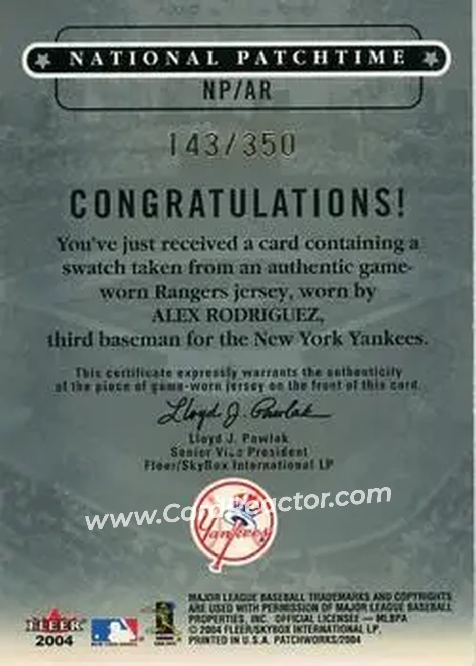 2004 Fleer Patchworks - National Patchtime #NP/AR - Alex Rodriguez - New York Yankees - Back