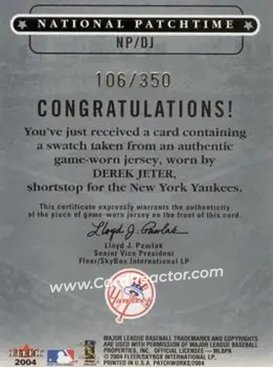 2004 Fleer Patchworks - National Patchtime #NP/DJ - Derek Jeter - New York Yankees - Back 2004 Fleer Patchworks - National Patchtime #NP/DJ - Derek Jeter - New York Yankees - Back