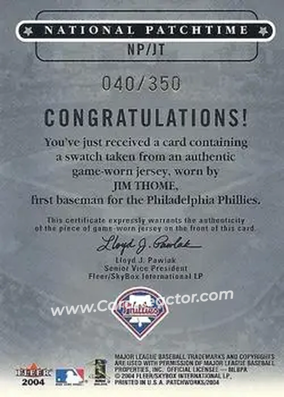 2004 Fleer Patchworks - National Patchtime #NP/JT - Jim Thome - Philadelphia Phillies - Back
