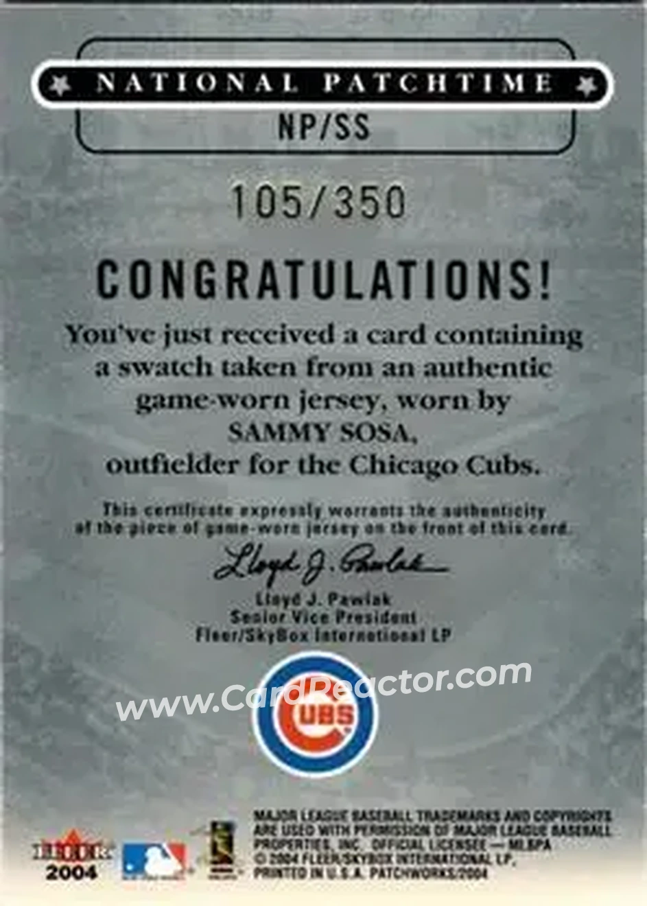 2004 Fleer Patchworks - National Patchtime #NP/SS - Sammy Sosa - Chicago Cubs - Back