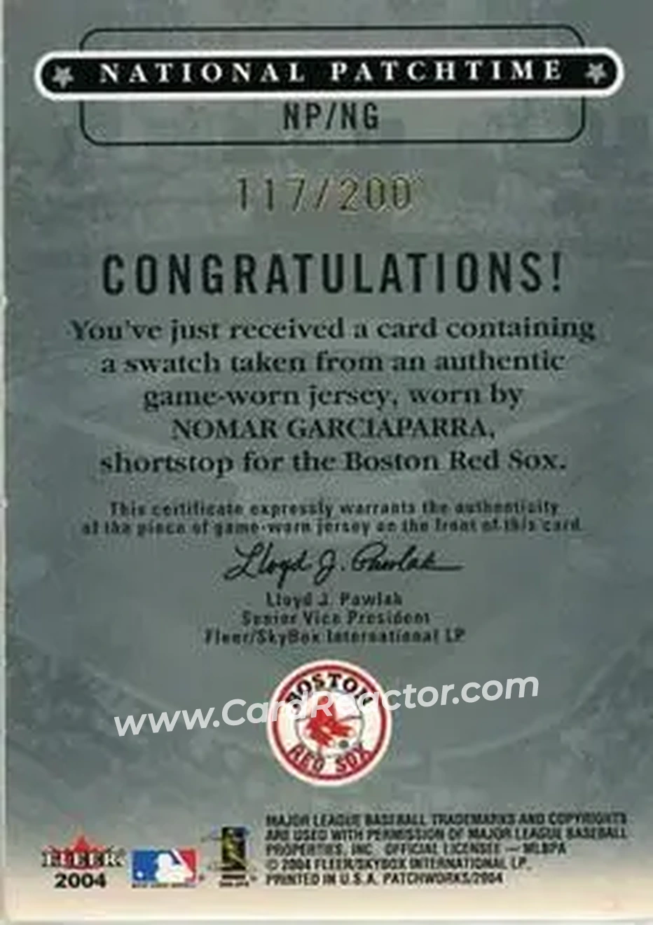 2004 Fleer Patchworks - National Patchtime Gold #NP/NG - Nomar Garciaparra - Boston Red Sox - Back 2004 Fleer Patchworks - National Patchtime Gold #NP/NG - Nomar Garciaparra - Boston Red Sox - Back