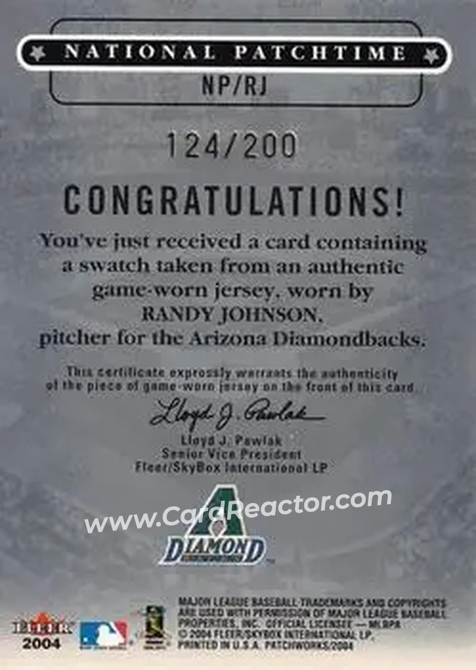 2004 Fleer Patchworks - National Patchtime Gold #NP/RJ - Randy Johnson - Arizona Diamondbacks - Back