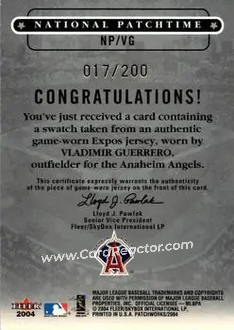 2004 Fleer Patchworks - National Patchtime Gold #NP/VG - Vladimir Guerrero - Anaheim Angels - Back 2004 Fleer Patchworks - National Patchtime Gold #NP/VG - Vladimir Guerrero - Anaheim Angels - Back