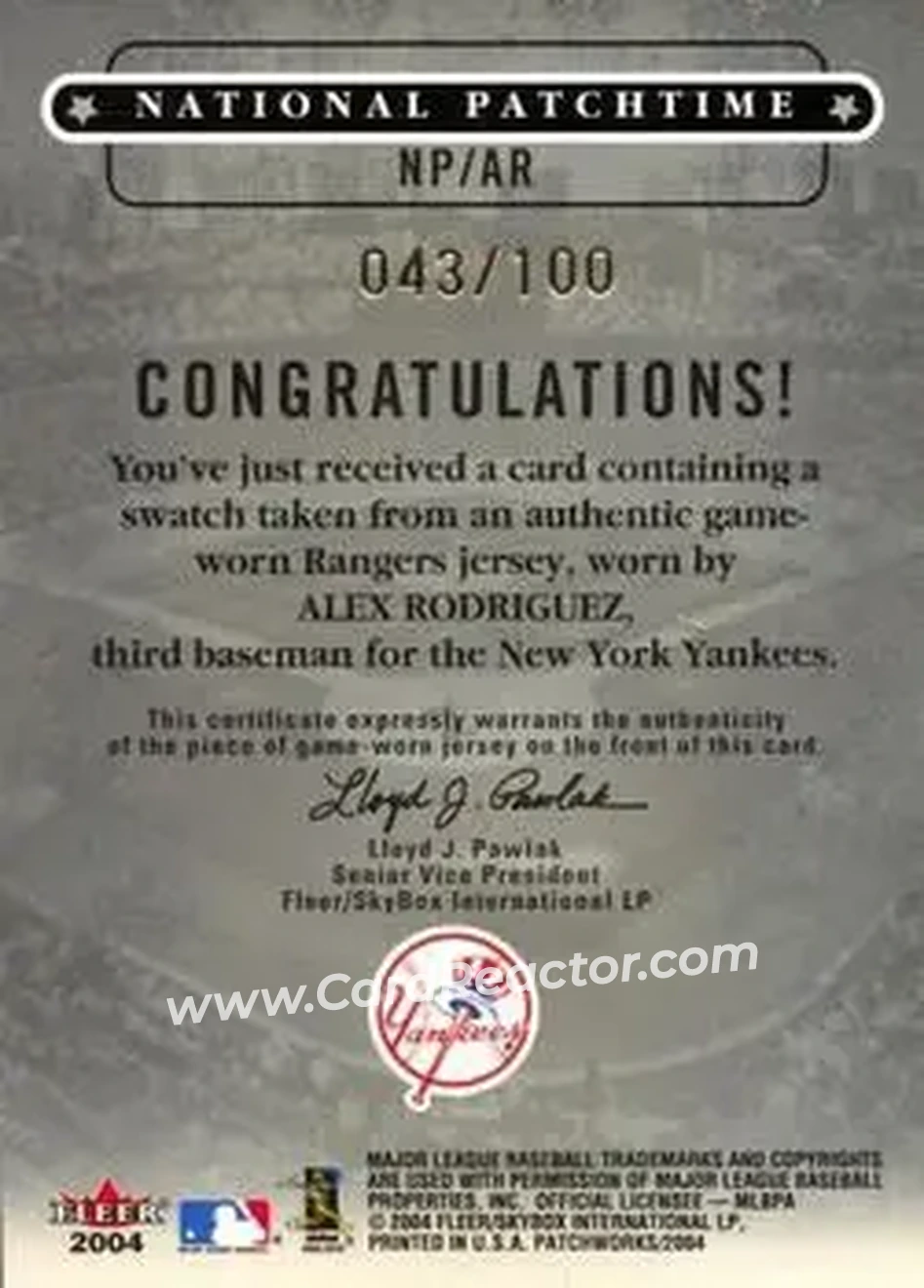 2004 Fleer Patchworks - National Patchtime Patch #NP/AR - Alex Rodriguez - New York Yankees - Back 2004 Fleer Patchworks - National Patchtime Patch #NP/AR - Alex Rodriguez - New York Yankees - Back