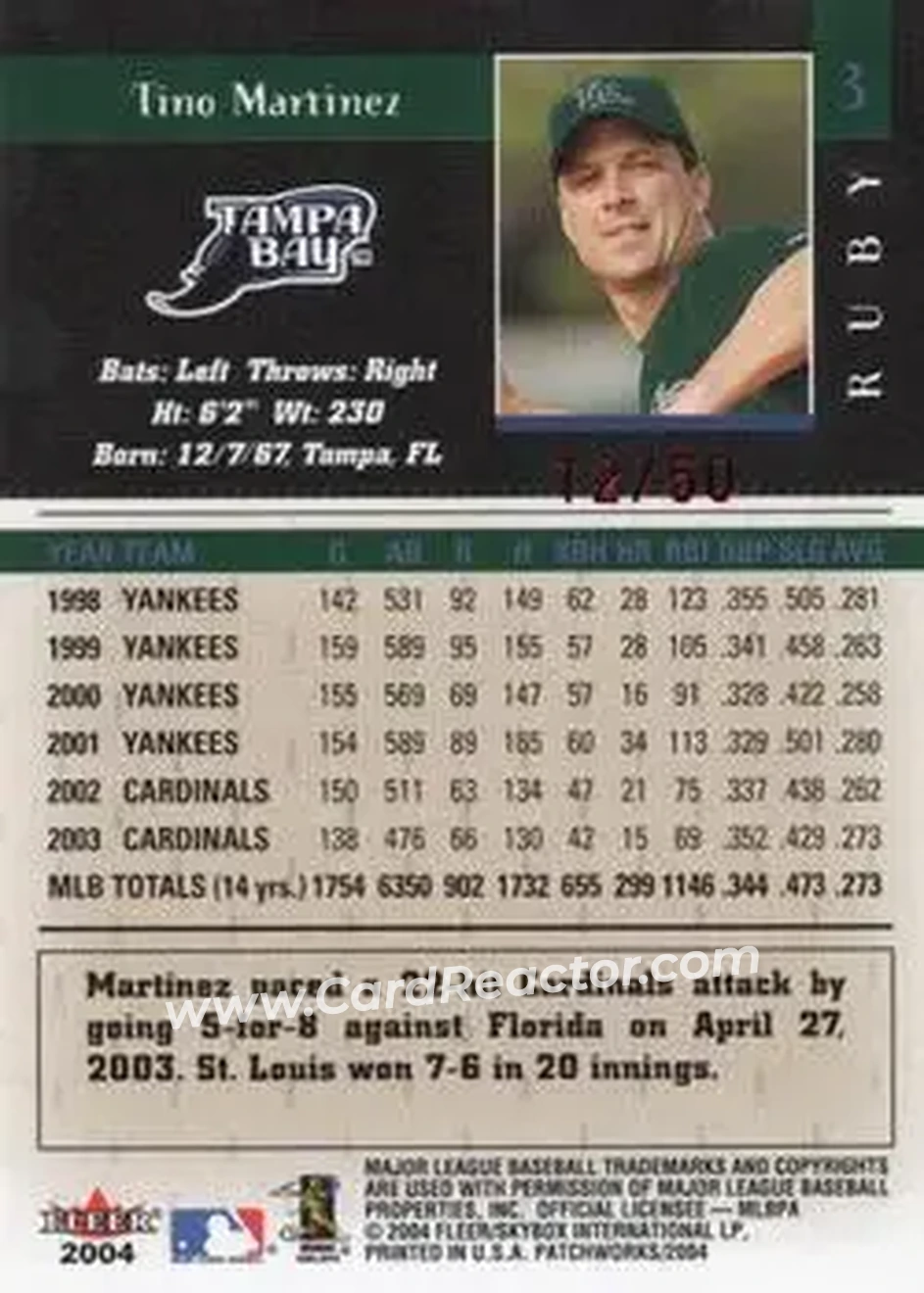 2004 Fleer Patchworks - Star Rubies #3 - Tino Martinez - Tampa Bay Devil Rays - Back 2004 Fleer Patchworks - Star Rubies #3 - Tino Martinez - Tampa Bay Devil Rays - Back
