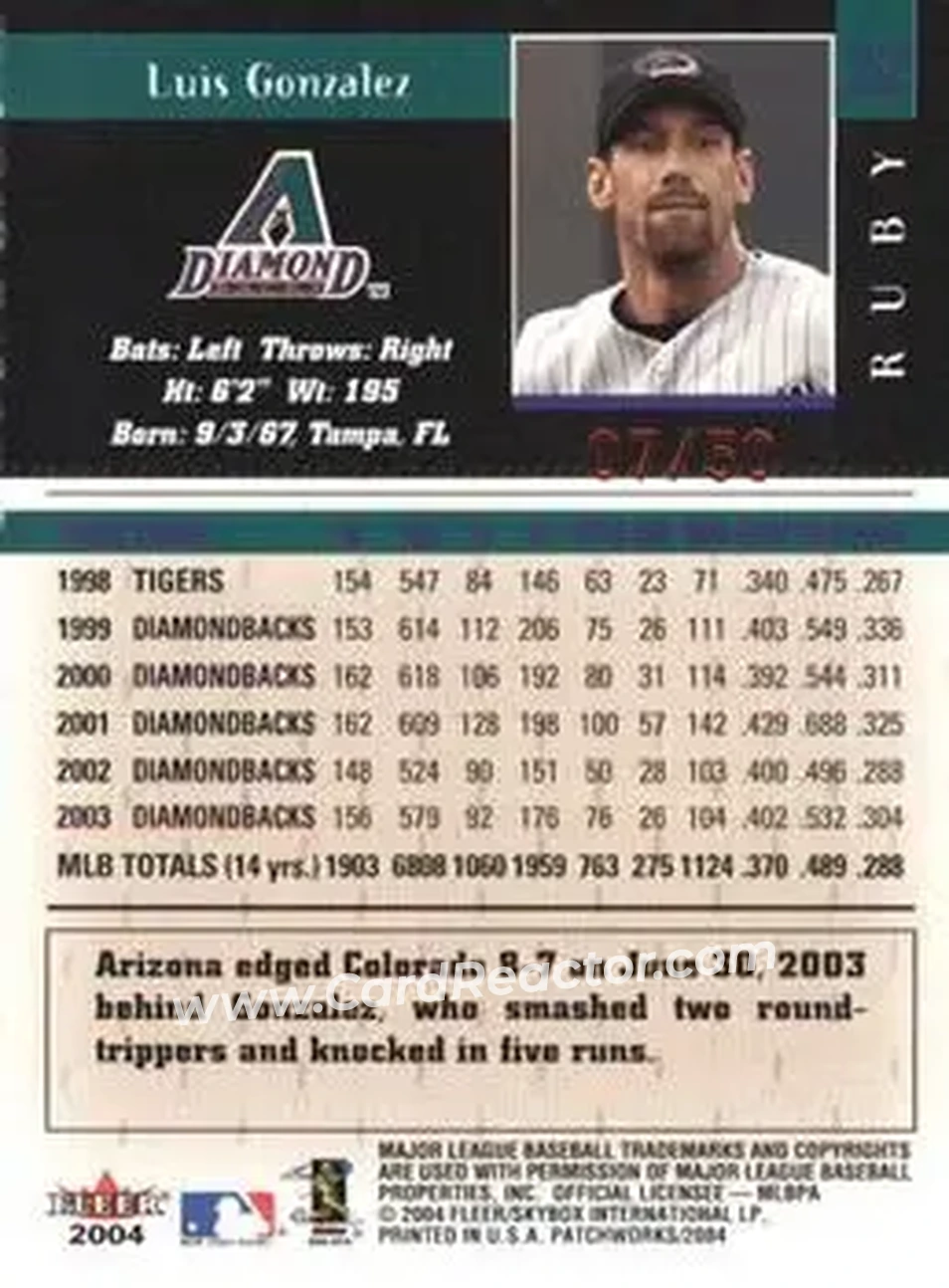2004 Fleer Patchworks - Star Rubies #22 - Luis Gonzalez - Arizona Diamondbacks - Back