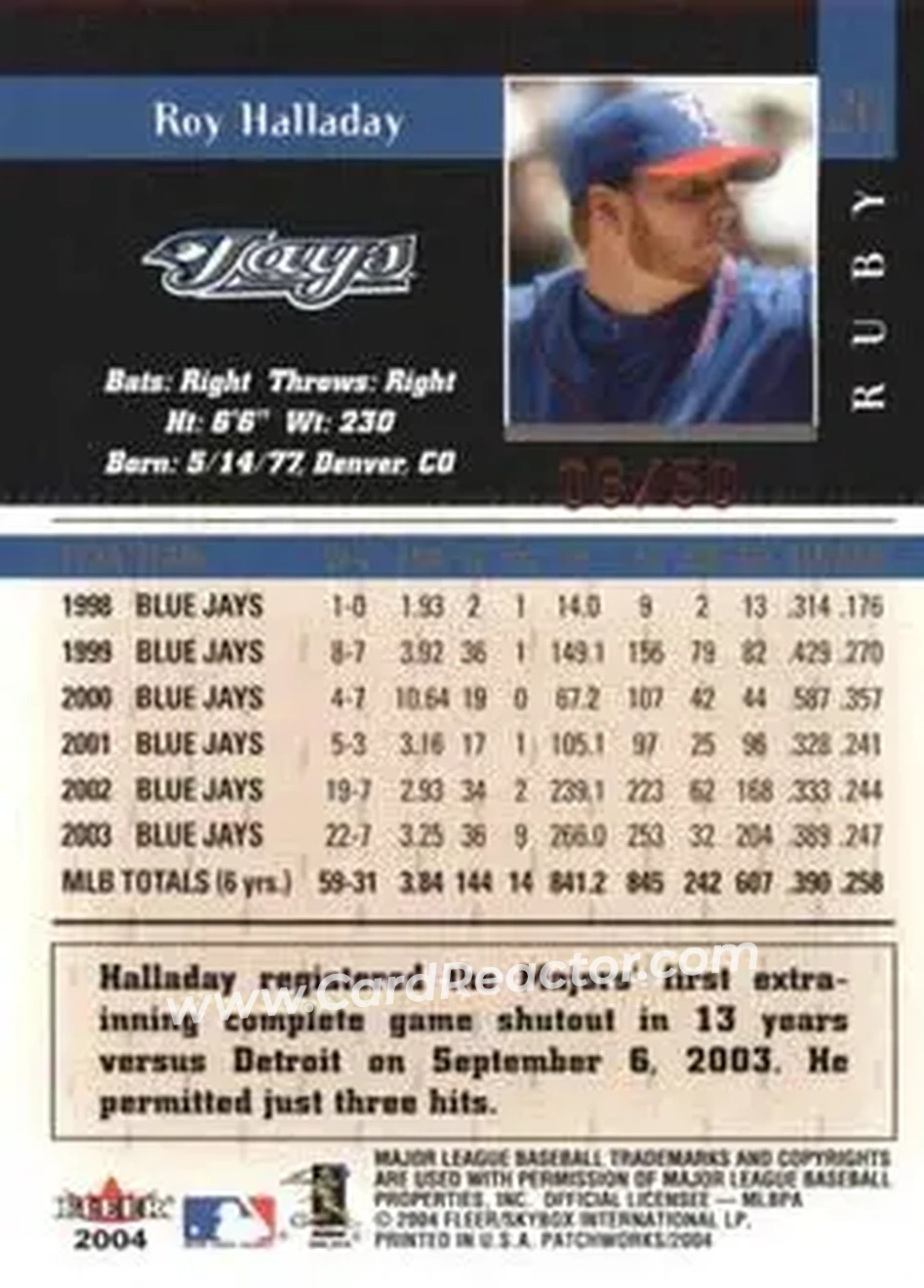 2004 Fleer Patchworks - Star Rubies #26 - Roy Halladay - Toronto Blue Jays - Back 2004 Fleer Patchworks - Star Rubies #26 - Roy Halladay - Toronto Blue Jays - Back